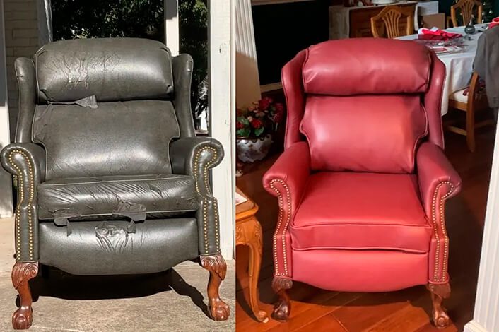 Leather chair reupholstery with color change, professional upholstery services in Los Angeles.