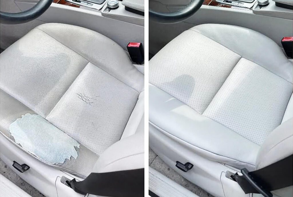 White leather car seat before and after repair – restored color and texture