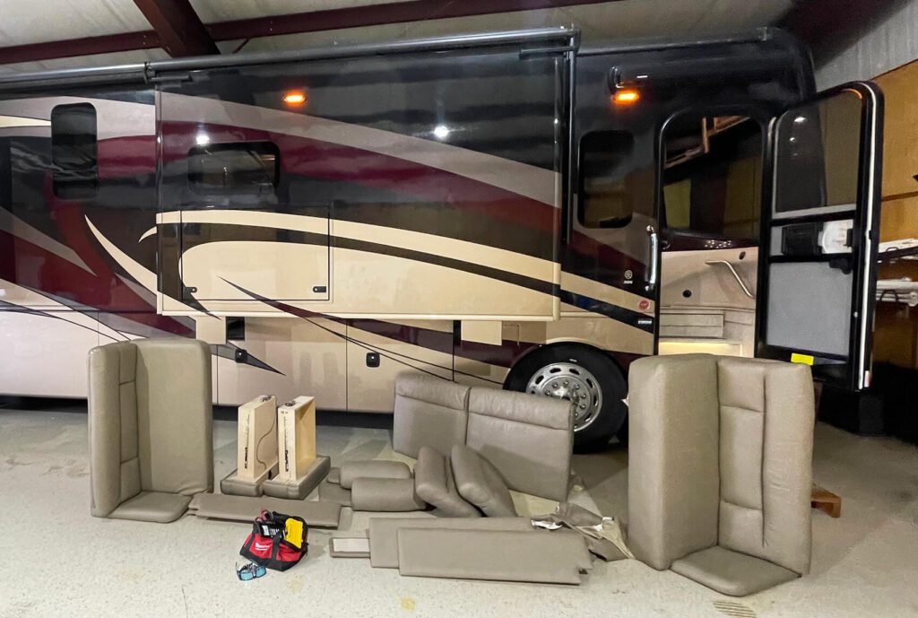 Leather furniture disassembly in RV – preparing for repair and restoration