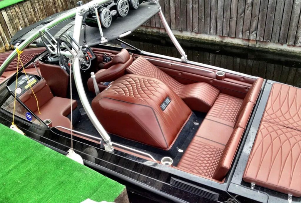 Reupholstered leather seats on a yacht – luxury marine interior