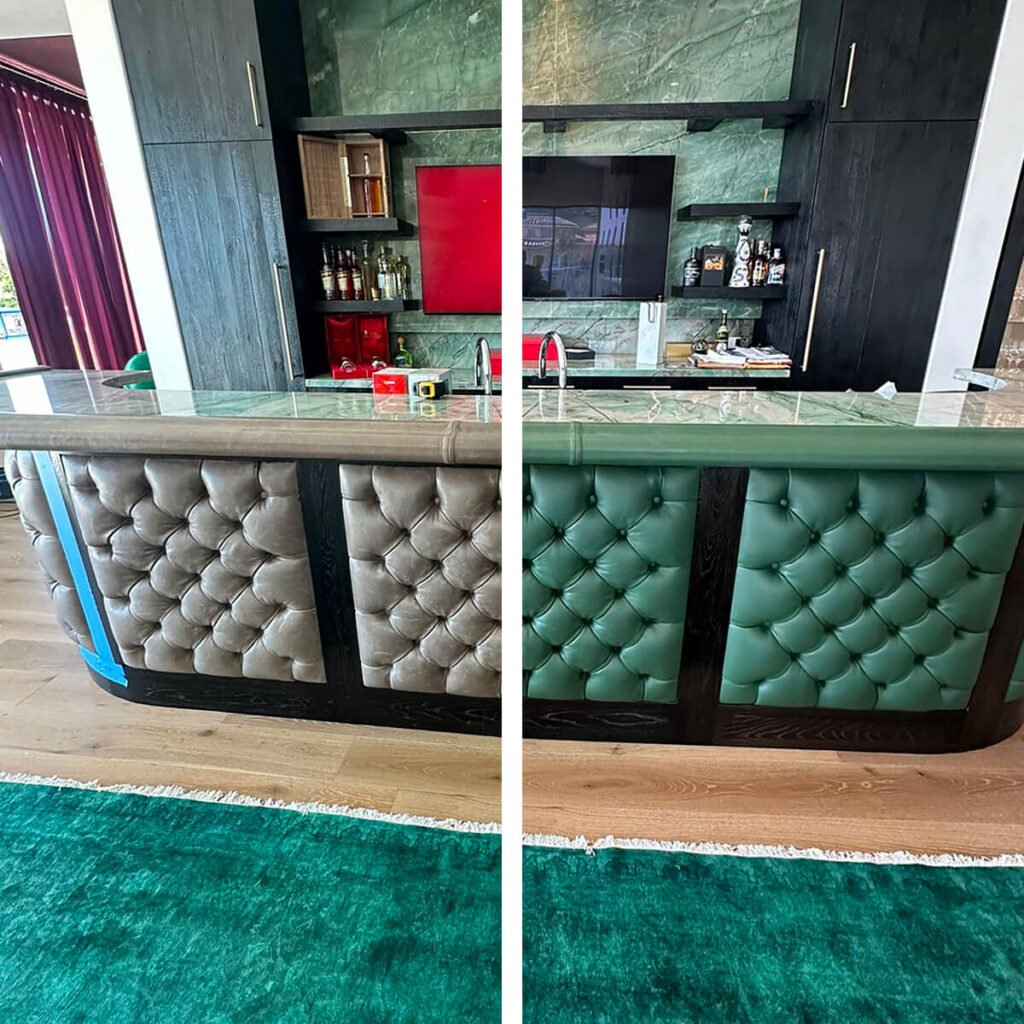 Before and after leather dyeing — bar upholstery recolored from gray to green leather