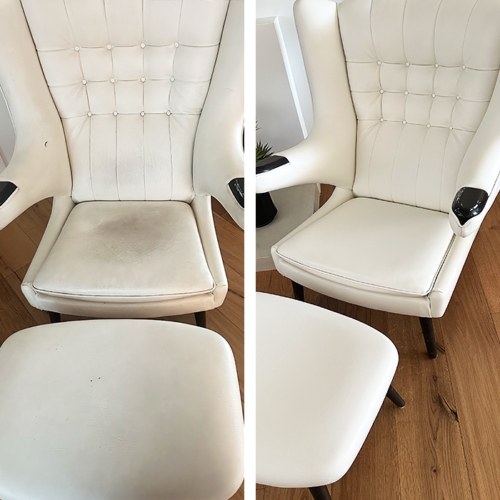 Before and after leather wingback chair color restoration showing worn white leather restored to a clean, even finish