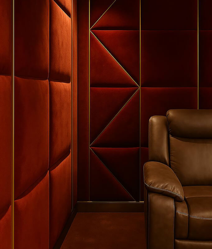 Geometric leather wall panels with accent lighting in a private home theater
