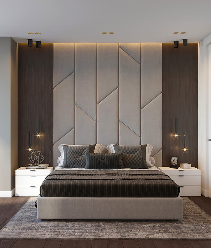 Upholstered wall panels installed in a hotel bedroom