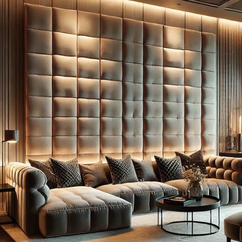 Soft upholstered wall panels installed in a cinematic home theater for comfort and immersion