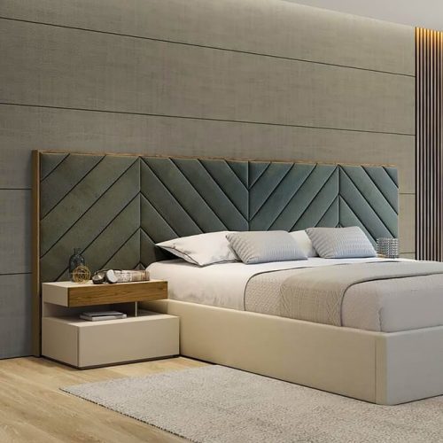 Geometric upholstered wall panels used as a custom headboard feature in a modern bedroom