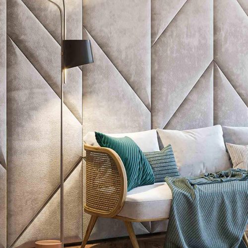 Geometric wall panels in a modern office interior