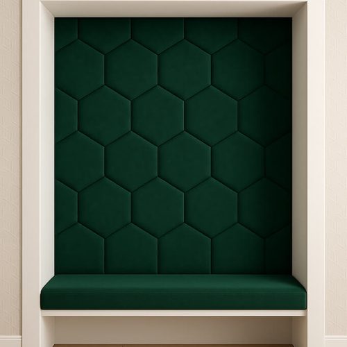 Green hexagonal upholstered wall panels arranged in a decorative pattern