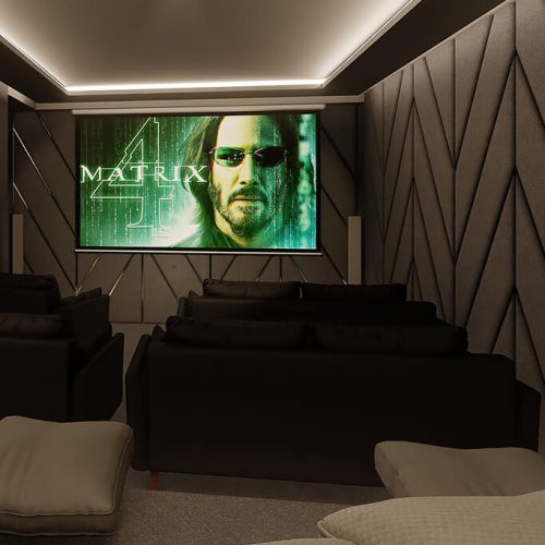 Decorative upholstered wall panels used as an accent wall in a home theater