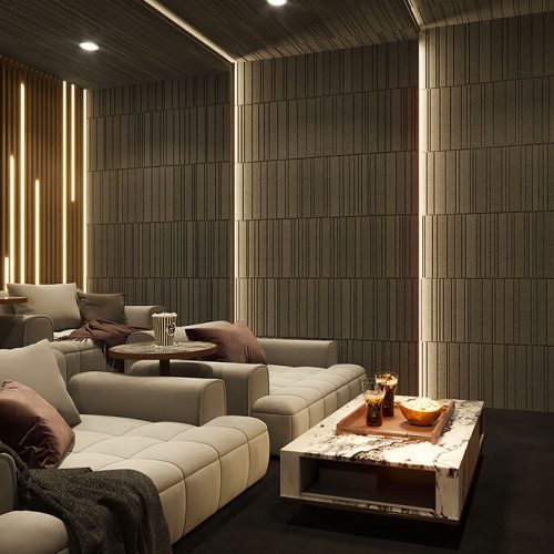 Decorative upholstered wall panels with ambient lighting in a luxury media room interior