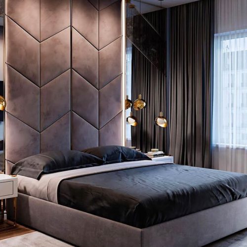 Tufted leather wall panels with decorative buttons in a bedroom interior
